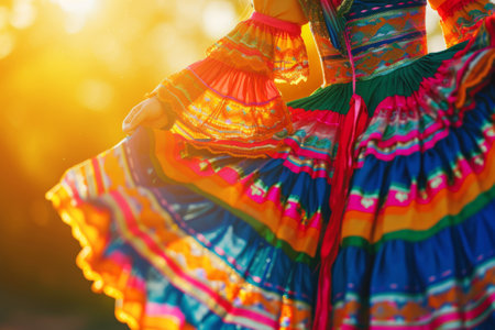 Closeup of vibrant colorful traditional mexican dress. Generative AI illustrationの素材