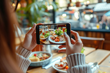 Woman's hands holding smartphone and taking photo of the food in a restaurant. Generative AI illustrationの素材