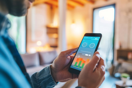 Closeup of people monitoring home electricity usage with mobile apps. Generative AI illustrationの素材