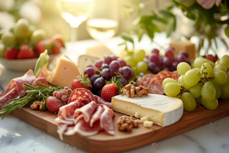 Assorted cheeses, meats, fresh fruits, nuts and appetizers beautifully arranged on a wooden board. Generative AI illustrationの素材