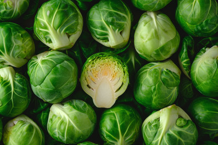 Raw brussels sprouts in farmers market. Organic food background. Generative AI illustrationの素材