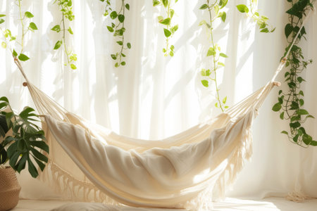 Cozy home interior with hammock and plants. Generative AI illustrationの素材