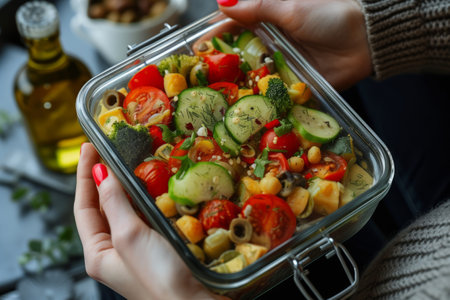 Female hands with a lunch box filled with a mediterranean dish. Generative AI illustrationの素材