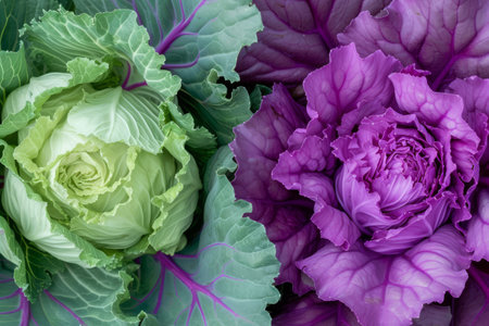 Fresh organically grown green and red cabbage. Healthy and diet concept. Generative AI illustrationの素材