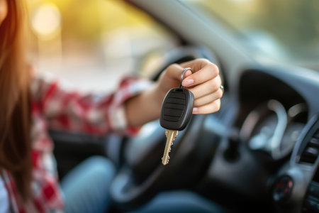 Happy woman driver hold car keys in her new car. Generative AI illustrationの素材