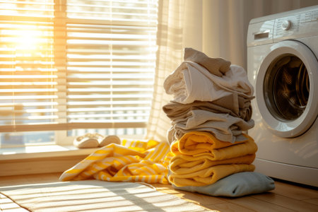 Dirty laundry piled up next to a washing machine. Spring cleaning concept. Generative AI illustrationの素材