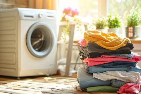 Dirty laundry piled up next to a washing machine. Spring cleaning concept. Generative AI illustrationの素材