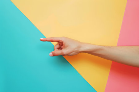 Man's finger point to empty space on colorful background. Generative AI illustrationの素材