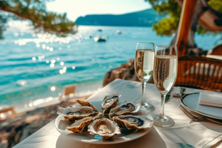 Glasses of champagne and oysters on a table with a view to the seaside. Generative AI illustrationの素材