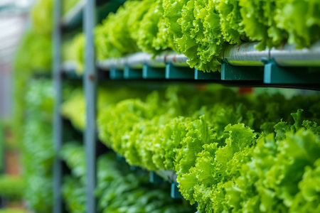 Vertical farming and hydroponics. Fresh organic vegetable grown using aquaponics farming. Generative AI illustrationの素材