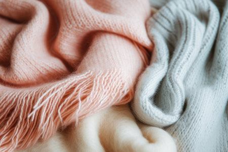 Colorful wool or alpaca blankets stacked in pile. Generative AI illustrationの素材