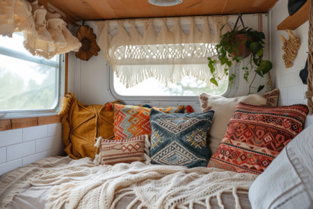 Inside the camper van. Pillows and boho style decoration of the house on wheels. Generative AI illustrationの素材