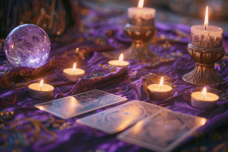 Mystic crystal ball, tarot cards and burning candles on purple background. Magic ritual or spell with esoteric symbols. Generative AI illustrationの素材