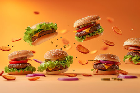 Hamburgers falling in the air on light background. Generative AI illustrationの素材