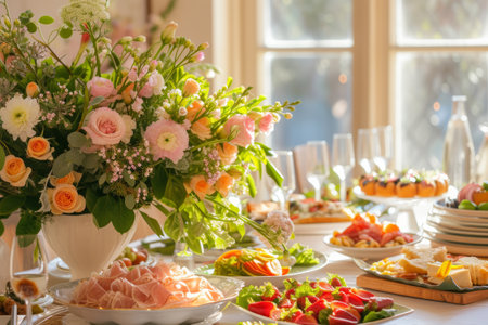 Beautifully served table with different dishes and fresh flowers. Generative AI illustrationの素材