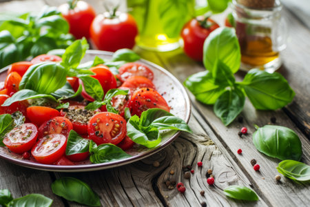 Traditional mediterranean salad with spices and basil plant on wooden table. Generative AI illustrationの素材