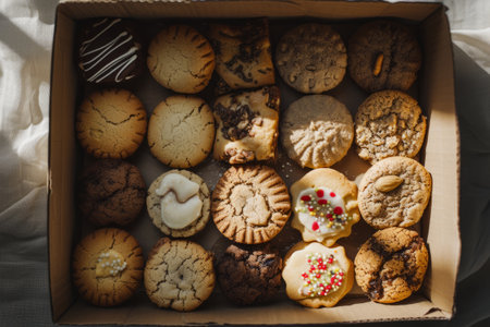 Box of assorted healthy cookies freshly baked and packed to go. Generative AI illustrationの素材