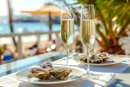 Glasses of champagne and oysters on a table with a view to the seaside. Generative AI illustrationの素材