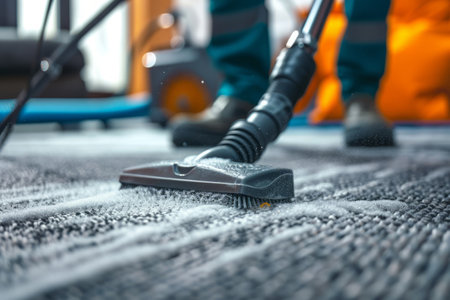 Professional cleaner washing a carpet with vacuum cleaner indoors. Generative AI illustrationの素材