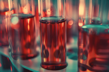Medical test tubes with liquid in the laboratory. Concept of medical or science laboratory. Generative AI illustrationの素材