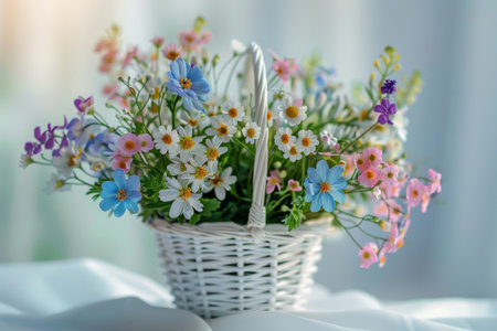 Bouquet of delicate spring flowers in a white wicker basket. Generative AI illustrationの素材