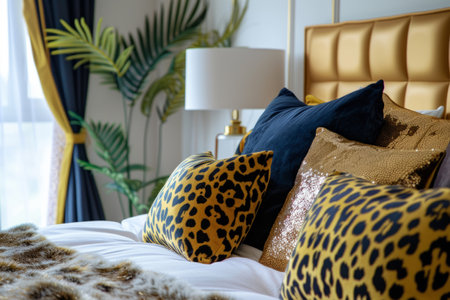 Bedroom accessories with animal print. Bed with animal patterned cushions. Generative AI illustrationの素材