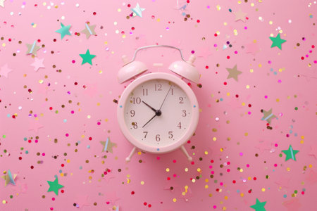 Alarm clock and confetti on pink background. Clock and party decorations. Generative AI illustrationの素材