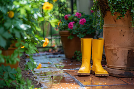 Gardening background with flower pots and yellow boots in sunny spring garden. Generative AI illustrationの素材