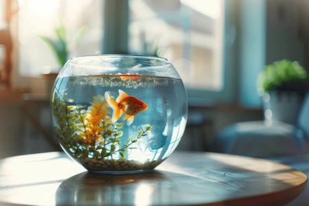 Aquarium with goldfish on the table in the sunny room. Generative AI illustrationの素材