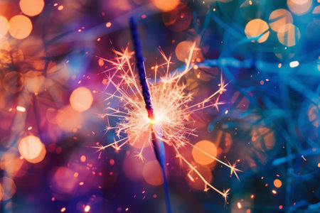 Sparkler burning and emitting bright sparks on blurred light background. Generative AI illustrationの素材