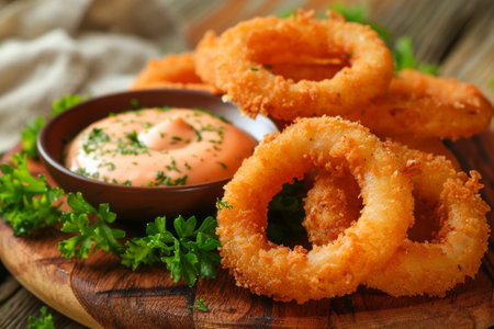 Fried crispy onion rings with dipping sauce. Generative AI illustrationの素材