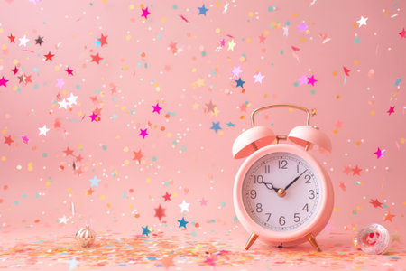 Alarm clock and confetti on pink background. Clock and party decorations. Generative AI illustrationの素材