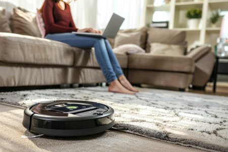 Robotic vacuum cleaner cleaning the living room while woman working with laptop on sofa at home. Generative AI illustrationの素材