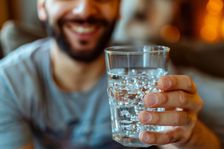 Young man holds a glass of drinking clean mineral water in living room. Generative AI illustrationの素材
