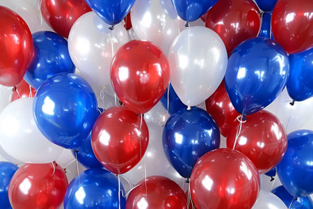 Balloons in red, white and blue colors. Bunch of multicolored balloons. Generative AI illustrationの素材
