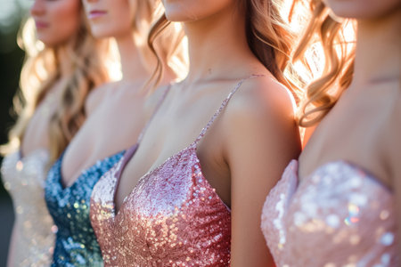 Closeup of bridesmaids in bright sequin dresses at wedding ceremony. Generative AI illustrationの素材