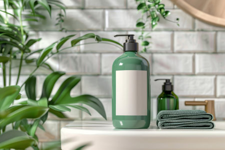 Shampoo green bottle mockup with blank label in bathroom. Minimalist style. Generative AI illustrationの素材