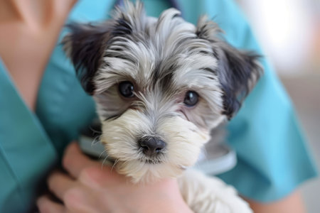 Veterinarian examining cute puppy. Pet care concept. Generative AI illustrationの素材