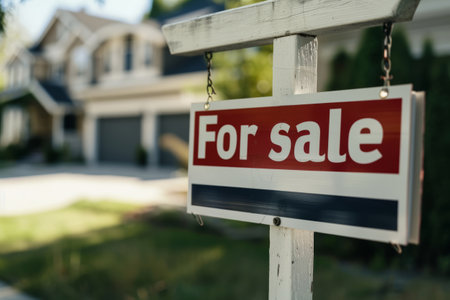 For sale sign in focus with a blurred house in the background. Generative AI illustrationの素材