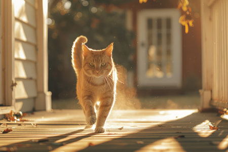 Cat running on a sunny front porch. Generative AI illustrationの素材