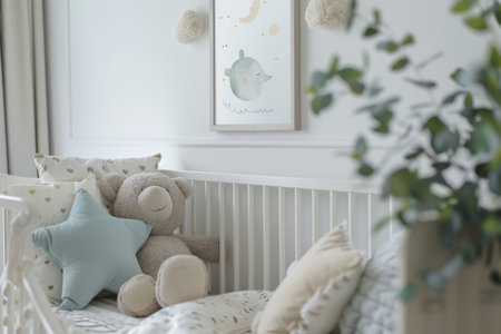 Cozy crib with decorative cushions standing in cute baby room with posters. Generative AI illustrationの素材