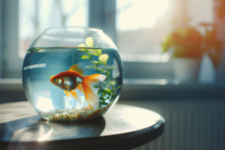 Aquarium with goldfish on the table in the sunny room. Generative AI illustrationの素材