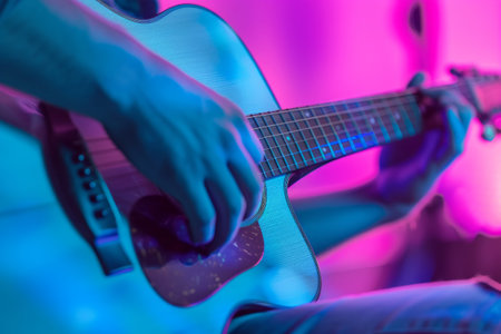 Closeup of a guitar player in the studio playing a song. Generative AI illustrationの素材