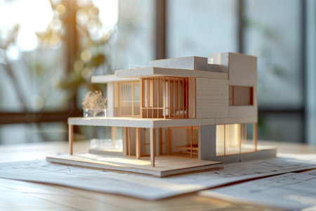 Housing project drawings and architectural house model on an office desk. Architect engineer workspace. Generative AI illustrationの素材