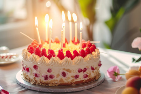 Beautifully decorated birthday cake with lit candles. Generative AI illustrationの素材