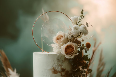 Designer cake decorated with flower on sunny background. Generative AI illustrationの素材