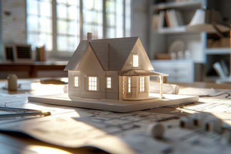 Housing project drawings and architectural house model on an office desk. Architect engineer workspace. Generative AI illustrationの素材