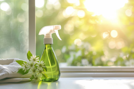 Green cleaning spray bottle with bubbles on sunny background. Spring cleaning concept. Generative AI illustrationの素材