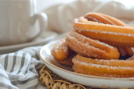 Churros with cinnamon and sugar. Generative AI illustrationの素材
