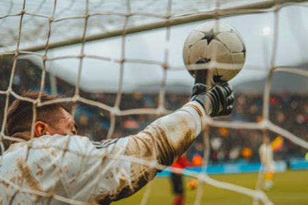 Goalkeeper catches the ball. Football player kicking a ball into the net at a football match. Generative AI illustrationの素材